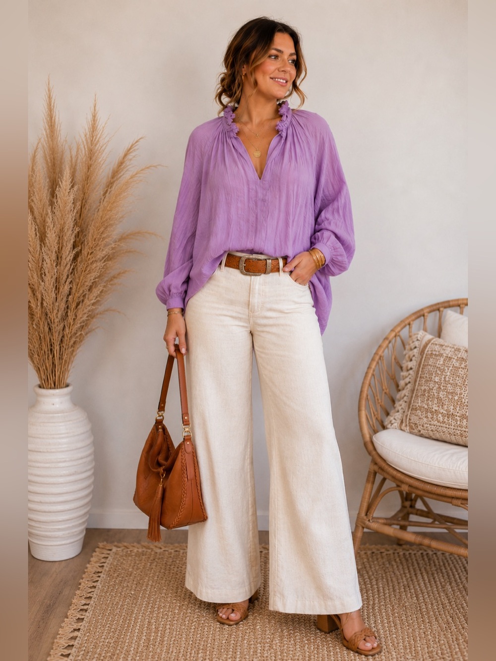 Masscob Lavender Textured Peasant Blouse | Size Large | 100% Cotton